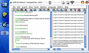 Bildschirmansicht Nokia 770 - SciTE fhrt pdftex aus